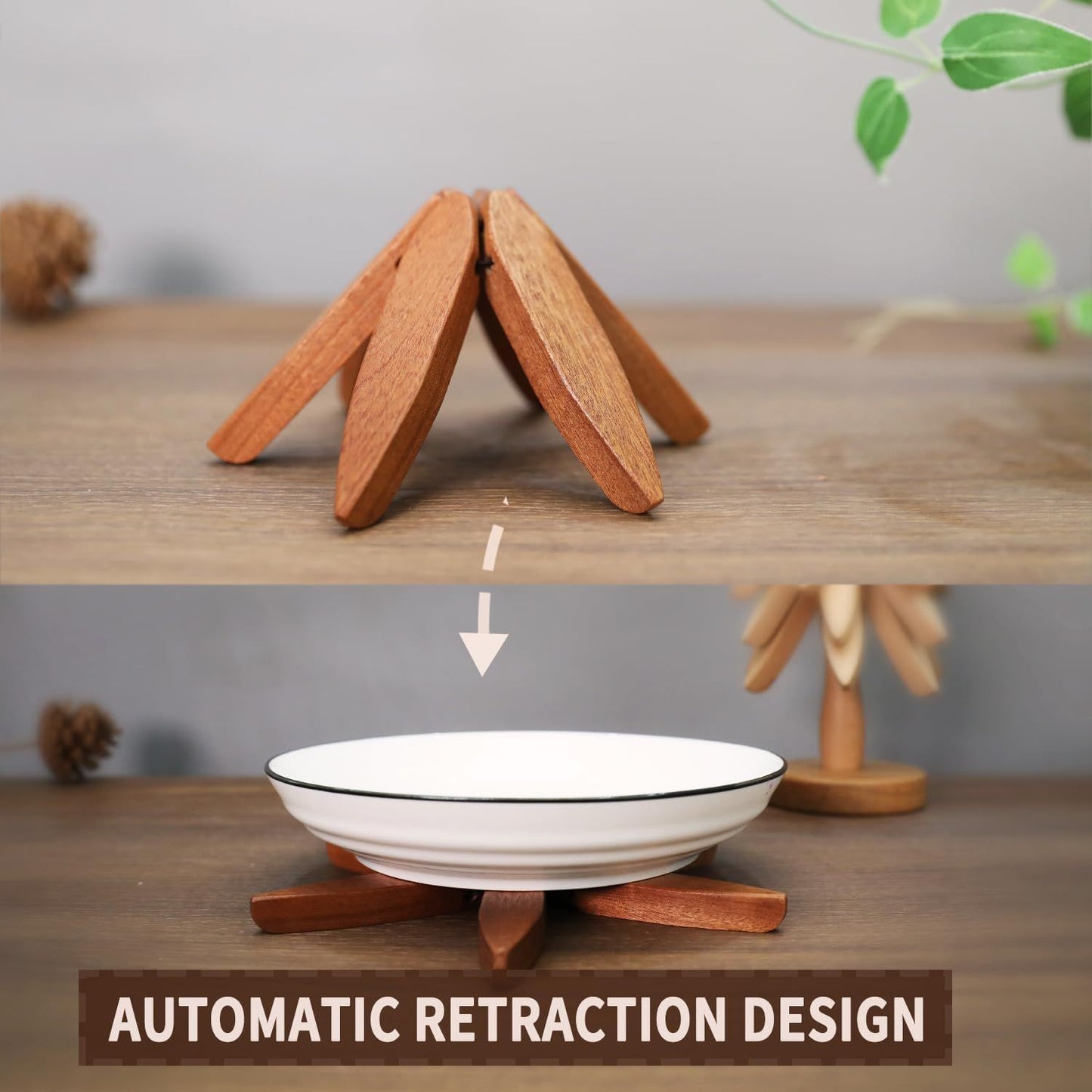 New Set of 4 Kitchen Table Decor Foldable Wooden Trivets for Hot Pots and Pans,Tree Shape Trivets walnut