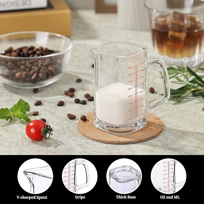 Shot Glass Measuring Cup, 4 OZ Espresso Measuring Glass with Handle and V-Shaped Spout, Small Measuring Cup with Thick Bottom for Baking Cocktail and Coffee