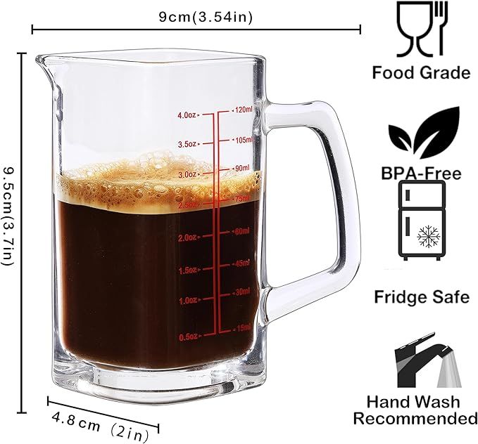 Shot Glass Measuring Cup, 4 OZ Espresso Measuring Glass with Handle and V-Shaped Spout, Small Measuring Cup with Thick Bottom for Baking Cocktail and Coffee