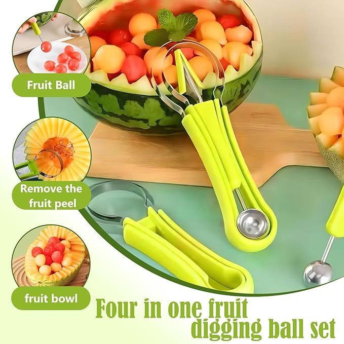 Melon Baller Scoop Set,4 In 1 fruit cutters shapes, watermelon scooper fruit scooper and baller, fruit carving tools（Green）