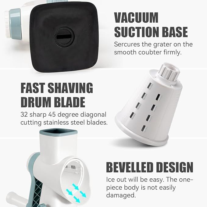 Rotary Ice Shaver Manual White - Stainless Steel Blade, Quick Labor-Saving Handle, Safe Stable Suction Base, Home Using Snow Cone Machine for All Ice Cubes