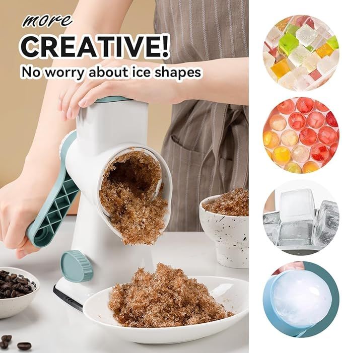 Rotary Ice Shaver Manual White - Stainless Steel Blade, Quick Labor-Saving Handle, Safe Stable Suction Base, Home Using Snow Cone Machine for All Ice Cubes