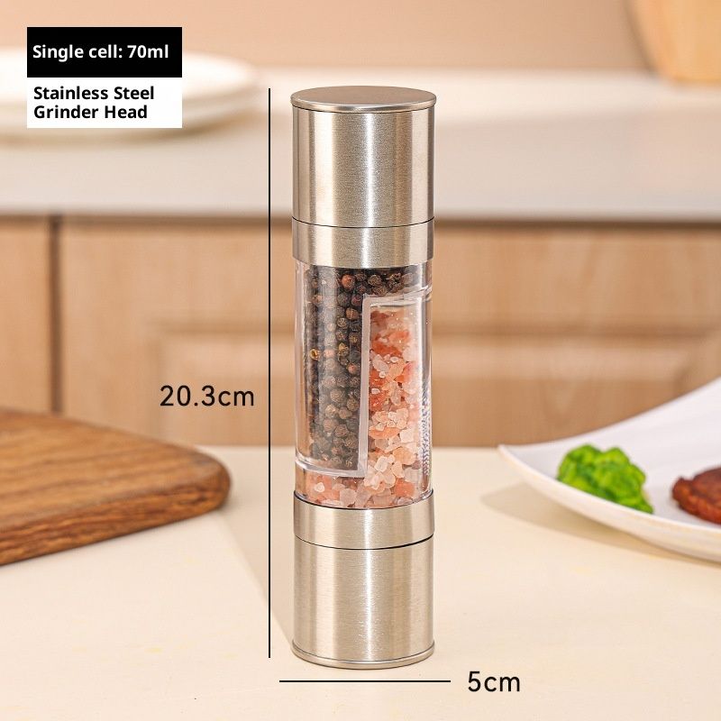 2 in 1 Salt and Pepper Grinder with Adjustable Ceramic Rotor, Manual dual headStainless Steel Salt Grinders and Pepper Mill for Kitchen, Outdoor Barbecue（Single cell 70ml）