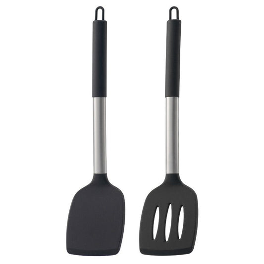 Pack of 2 Silicone Solid , Non Stick Slotted Kitchen Spatulas, High Heat Resistant BPA Free Cooking Utensils, Ideal Cookware for Fish, Eggs, Pancakes(Black)