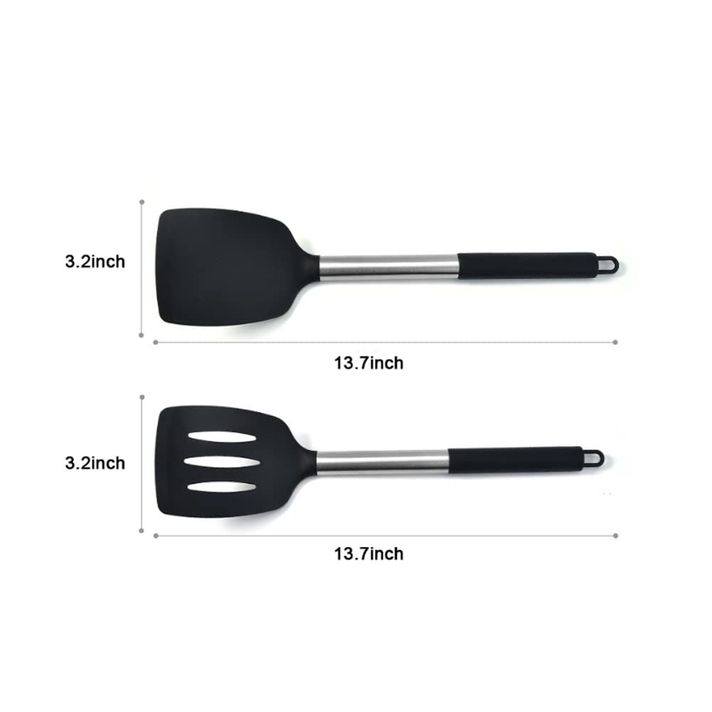 Pack of 2 Silicone Solid , Non Stick Slotted Kitchen Spatulas, High Heat Resistant BPA Free Cooking Utensils, Ideal Cookware for Fish, Eggs, Pancakes(Black)