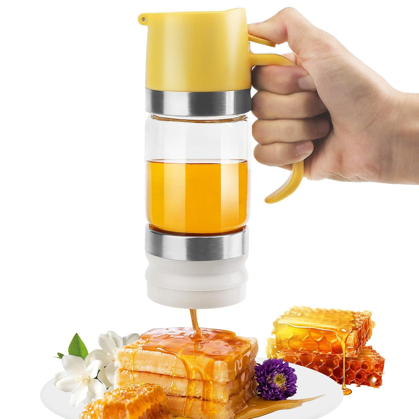 Glass Honey Dispenser Pot, No Drip 10 OZ Honey Jar with Handle, Syrup Dispenser for Coffee or Tea, Yellow white