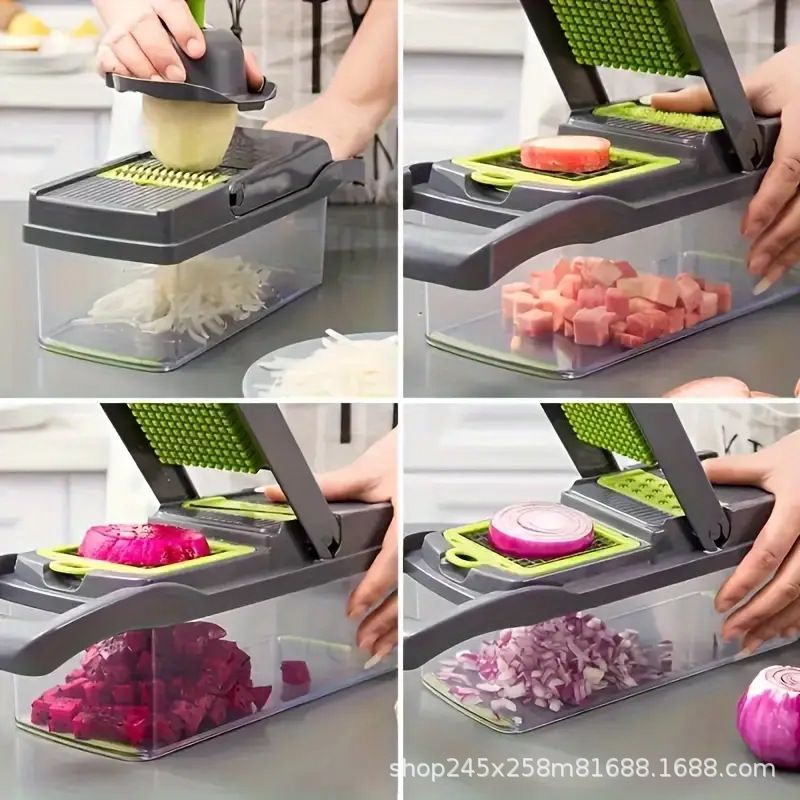Vegetable Chopper, 7 Blade Veggie Chopper, Practical Food Chopper with Container, Cheese Grater, Home Essentials & Kitchen Gadgets(Green/Grey)（32*11*11cm)