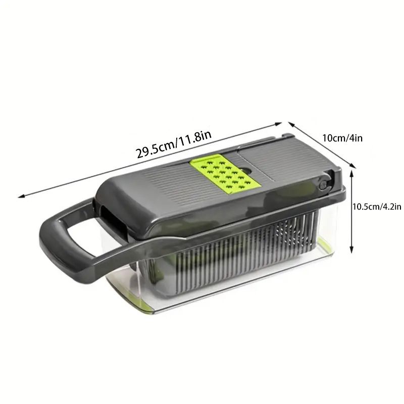 Vegetable Chopper, 7 Blade Veggie Chopper, Practical Food Chopper with Container, Cheese Grater, Home Essentials & Kitchen Gadgets(Green/Grey)（32*11*11cm)