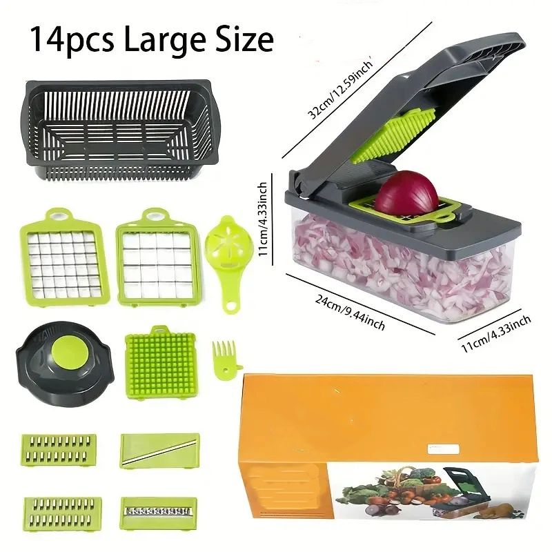 Vegetable Chopper, 7 Blade Veggie Chopper, Practical Food Chopper with Container, Cheese Grater, Home Essentials & Kitchen Gadgets(Green/Grey)（32*11*11cm)