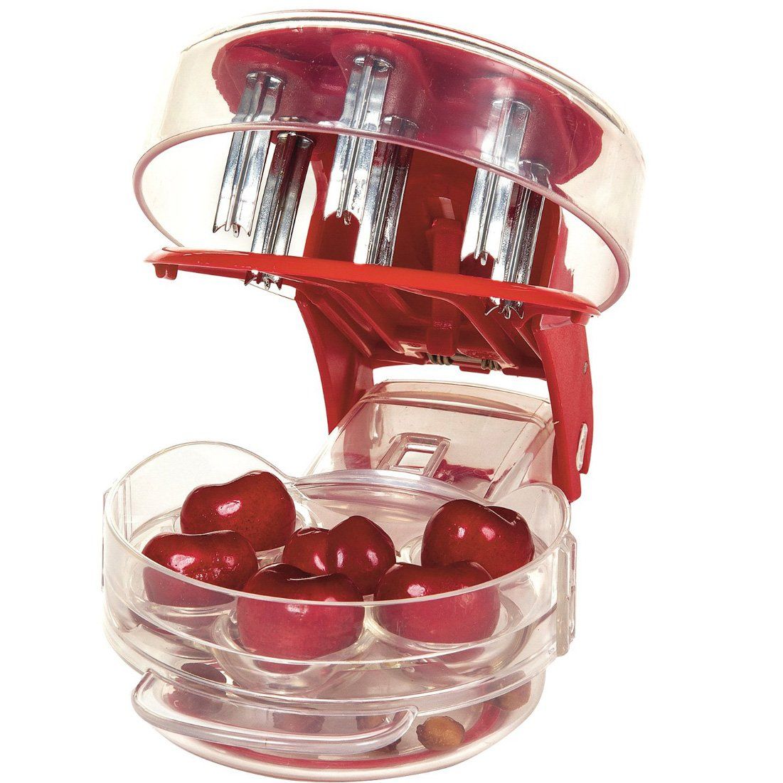 Kitchen Aid Cherry PitterDeluxe Multi Fruit Pit Corer Core Cutter Remover Prep Helper Machine Mason Jar Tool Gadget Red for 6 Cherries Plums Olives Berries