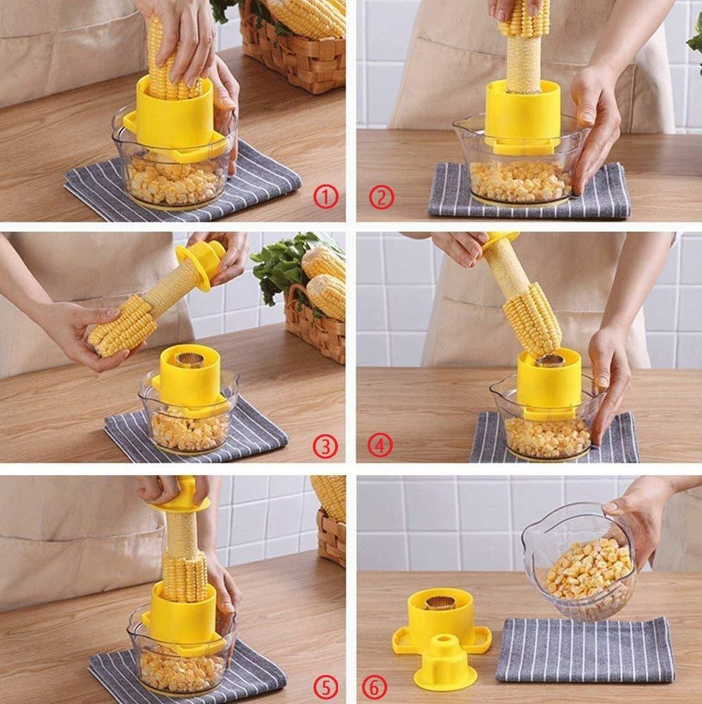 2-in-1 Corn Stripper and Peeler Tool with Bowl, Quick & Safe Corn Kernel Cutter for Shucking Corn on Cob, Comes with Non-Slip Safety Handle (Yellow)