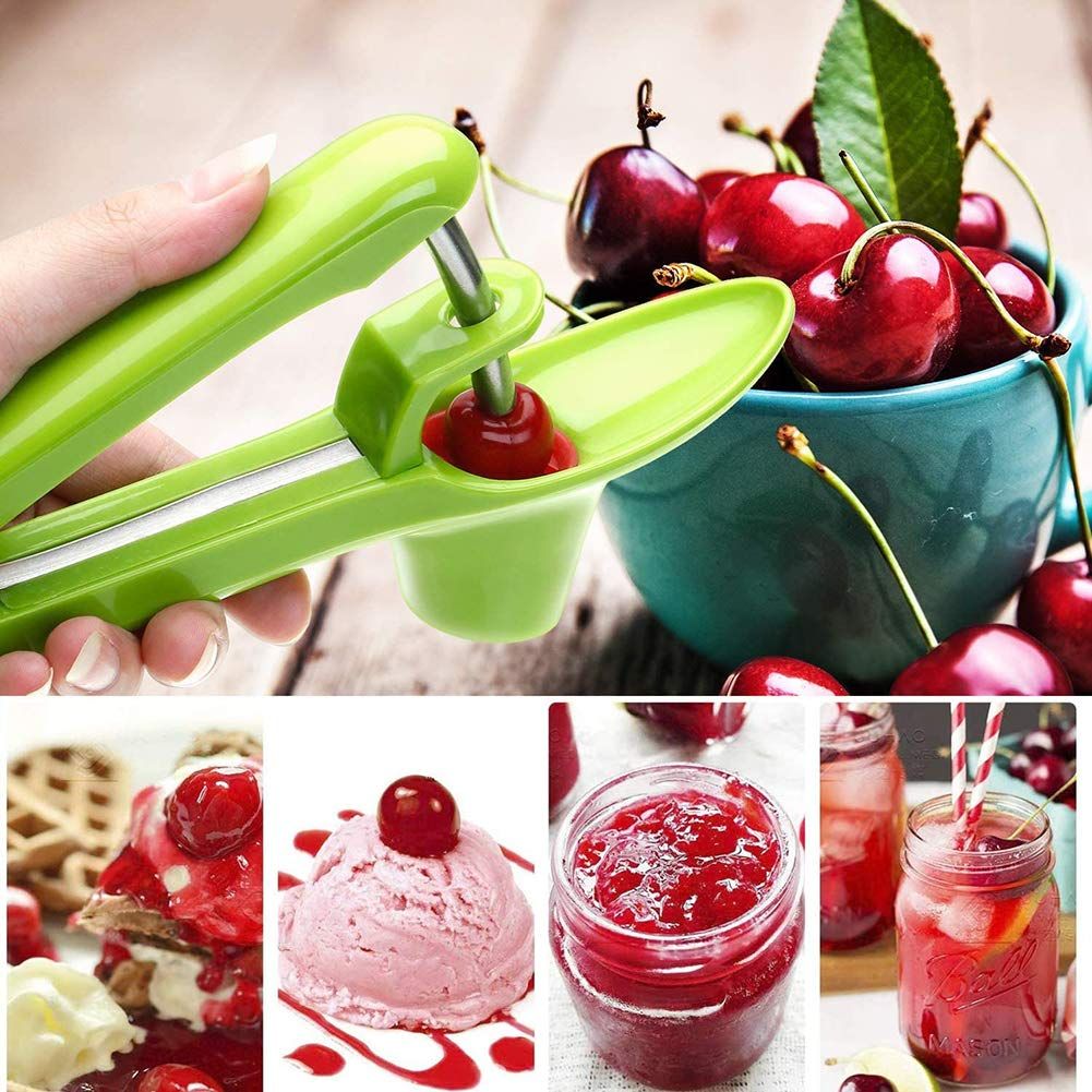 Olive Seed Remover Tool with Food-Grade Silicone Cup,Portable Fruit Corer Cherry Stoner Kitchen Aid Machine with Space-Saving Lock Design(Green)
