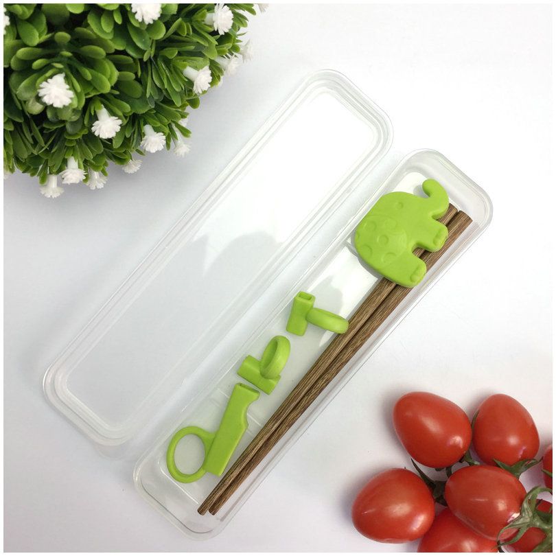 Training Chopsticks, Learning, Beginner, Brain Training, Practice, Korean Food, Japanese Sushi, 1 Step to Learn Chopstick, Right Handed - Elephant Green（17.5*11*5.8cm）