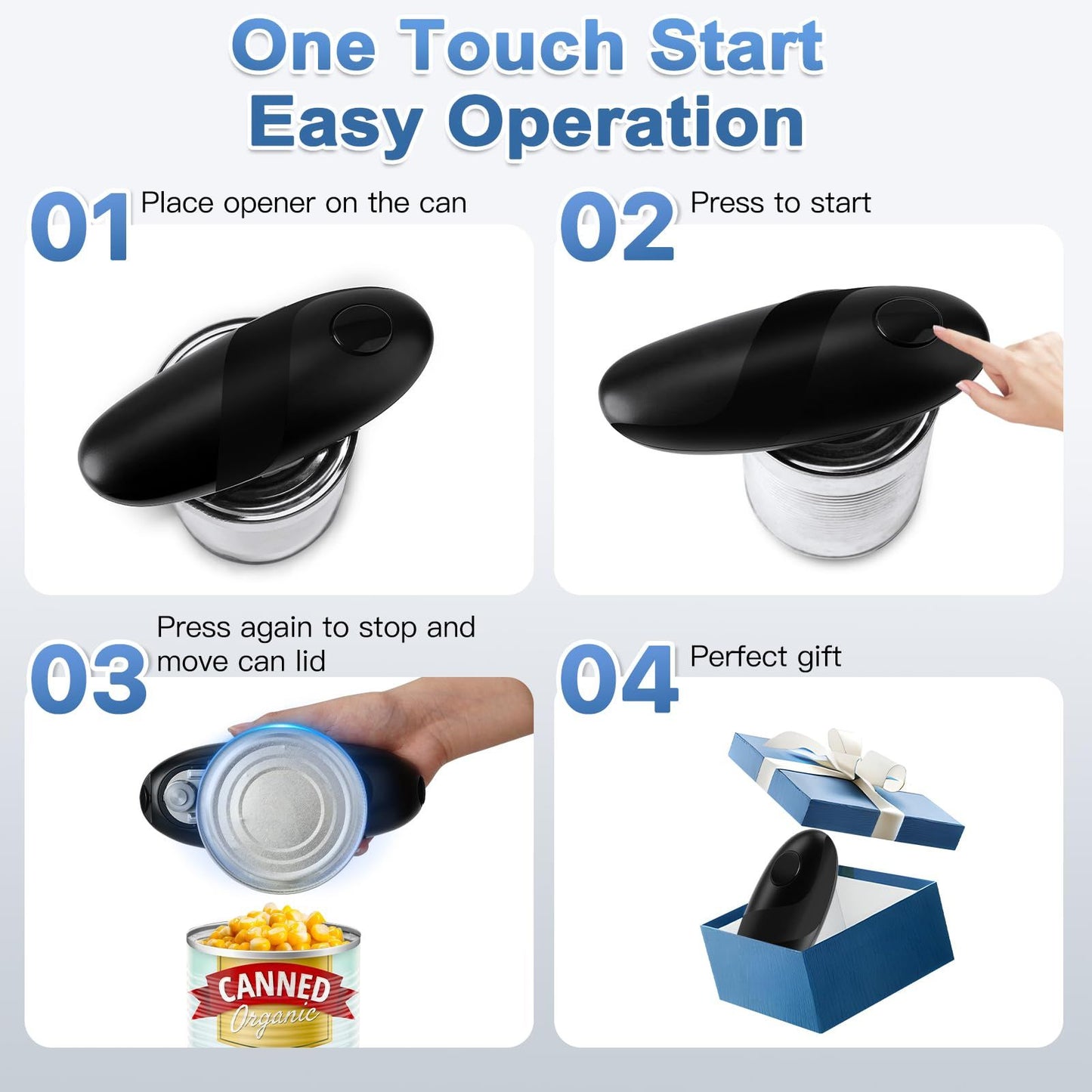 Auto Electric Can Opener: Open Your Cans with A Simple Press of Button - Automatic, Hands Free, Smooth Edge, Food-Safe, Battery Operated, Black（15.9*6.4*6.4cm)（Need to bring your own battery）
