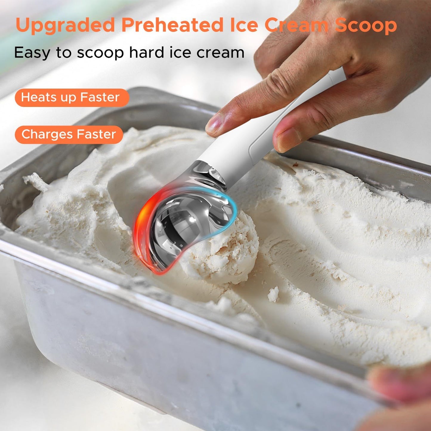 Heated Ice Cream Scoop, Rechargeable Electric Warming Scooper, Heats to for Hard Ice Cream,  Waterproof, Easy for Seniors & Kids (White，17.8*4.3cm)