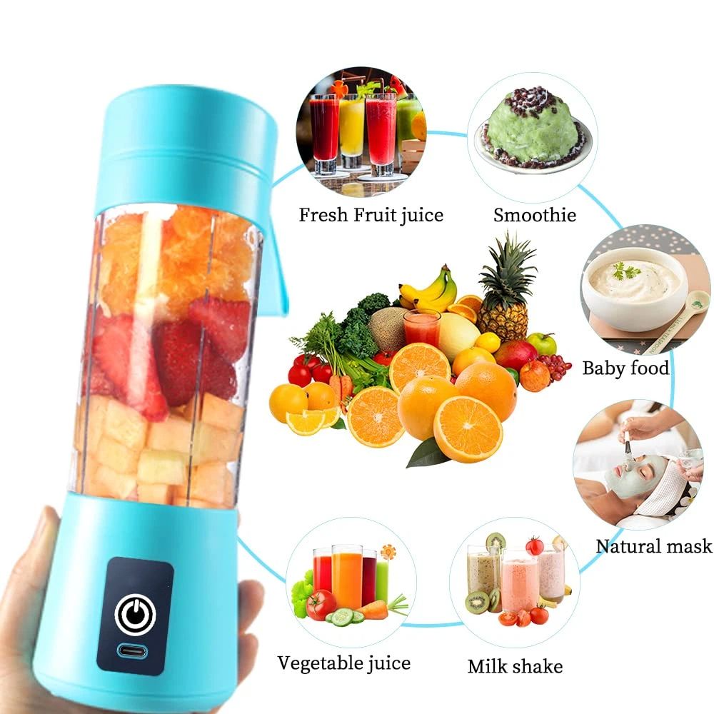 Portable Blender, Personal Mixer Fruit Rechargeable with , Mini Blender for Smoothie, Blue Six Blades 400ml（8*8*25cm)