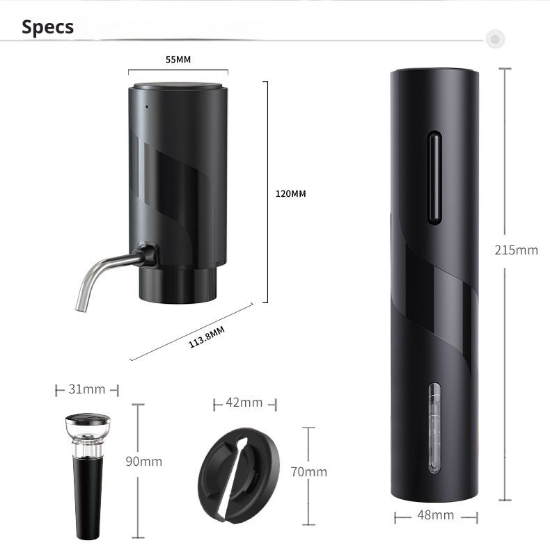 Electric Wine Bottle Opener Set Rechargeable Wine Set with Foil Cutter, Electric Wine Opener, Electric 2in-1 Wine Aerator & Pourer, Electric Vacuum Pump and Wine Stoppers, Black