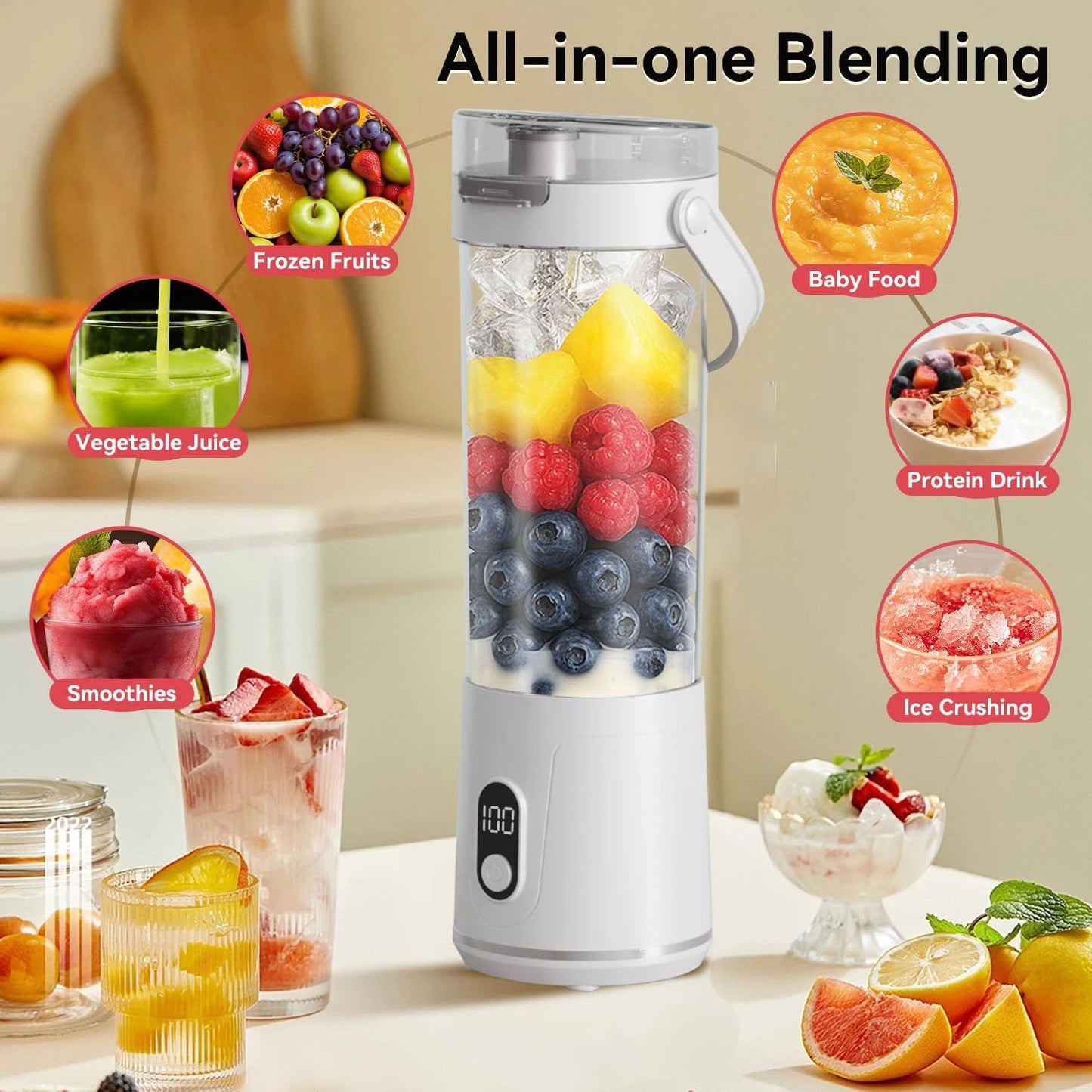 Portable Personal Electric USB Juicer，500ML Mini Blender Portable Blender For Shakes and Smoothies juice，12 Blades Great for Mixing，Compact、Convenient and Versatile (white)