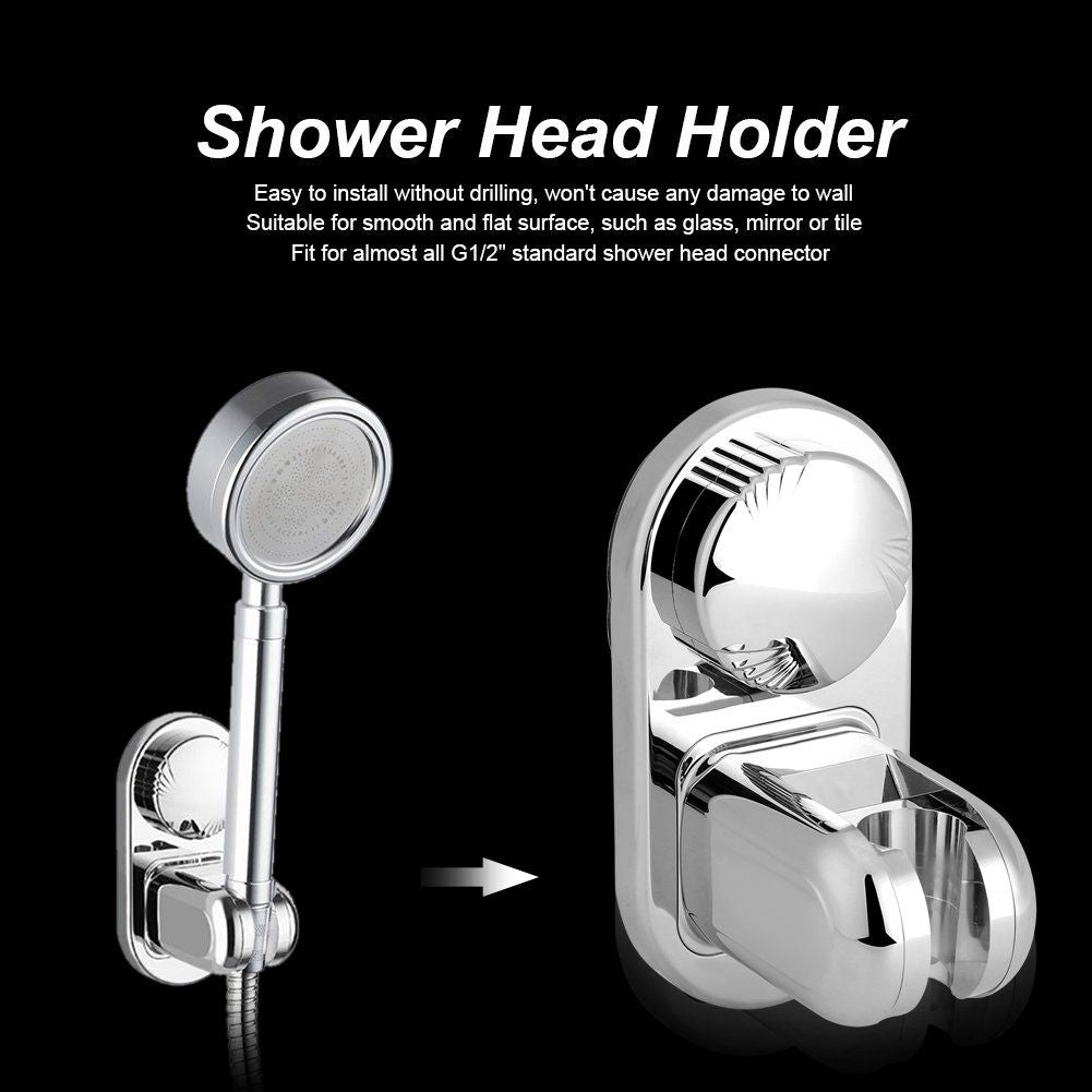 Suction cup Handheld Shower Head Holder - Designed For Large Shower Head - Relocatable Horizontal Setting - - Wider Input - Wall mounted with Vacuum Power (Polished Chrome)