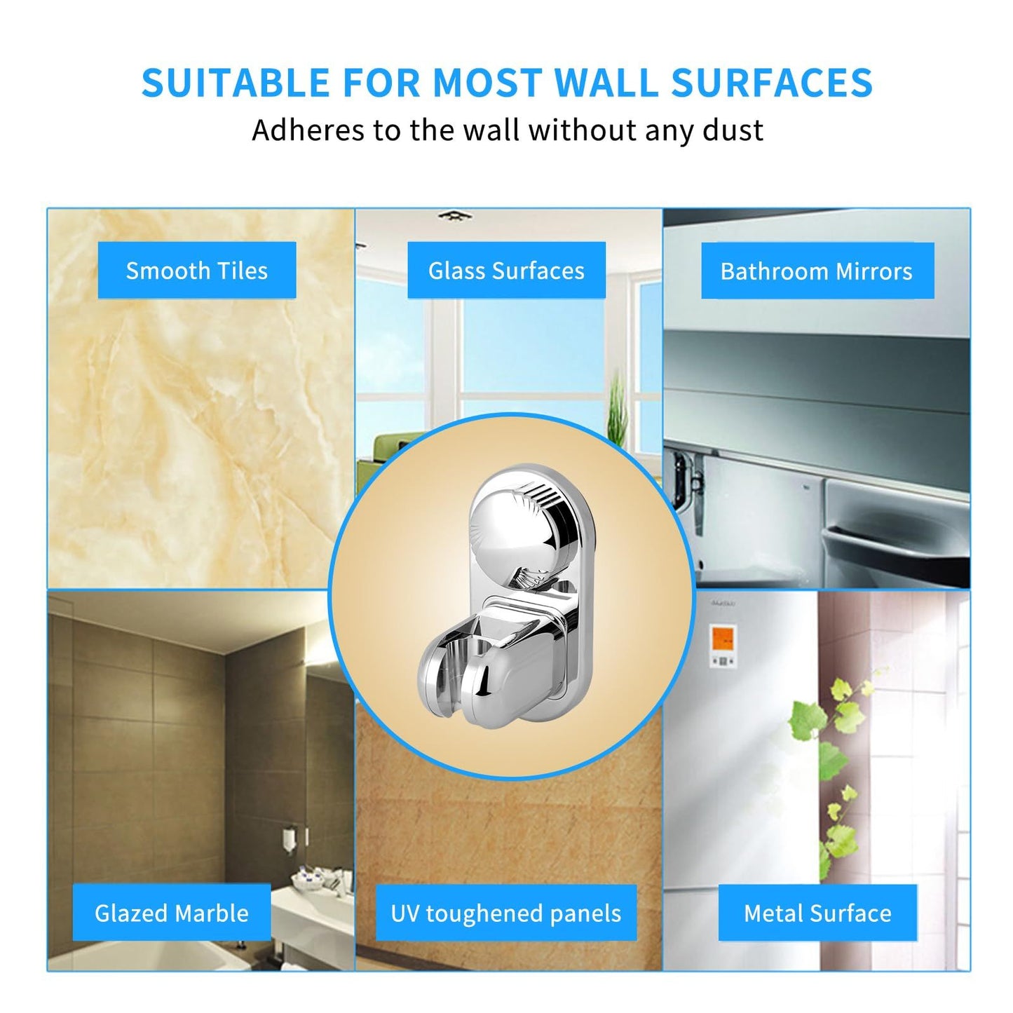 Suction cup Handheld Shower Head Holder - Designed For Large Shower Head - Relocatable Horizontal Setting - - Wider Input - Wall mounted with Vacuum Power (Polished Chrome)