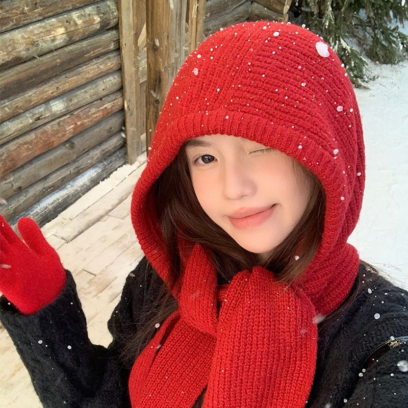 Women Winter 2 in 1 Hooded Hat Scarf Wrap Shawl Crochet Knit Pullover Neckwarmer, for Winter Cold Weather Neck