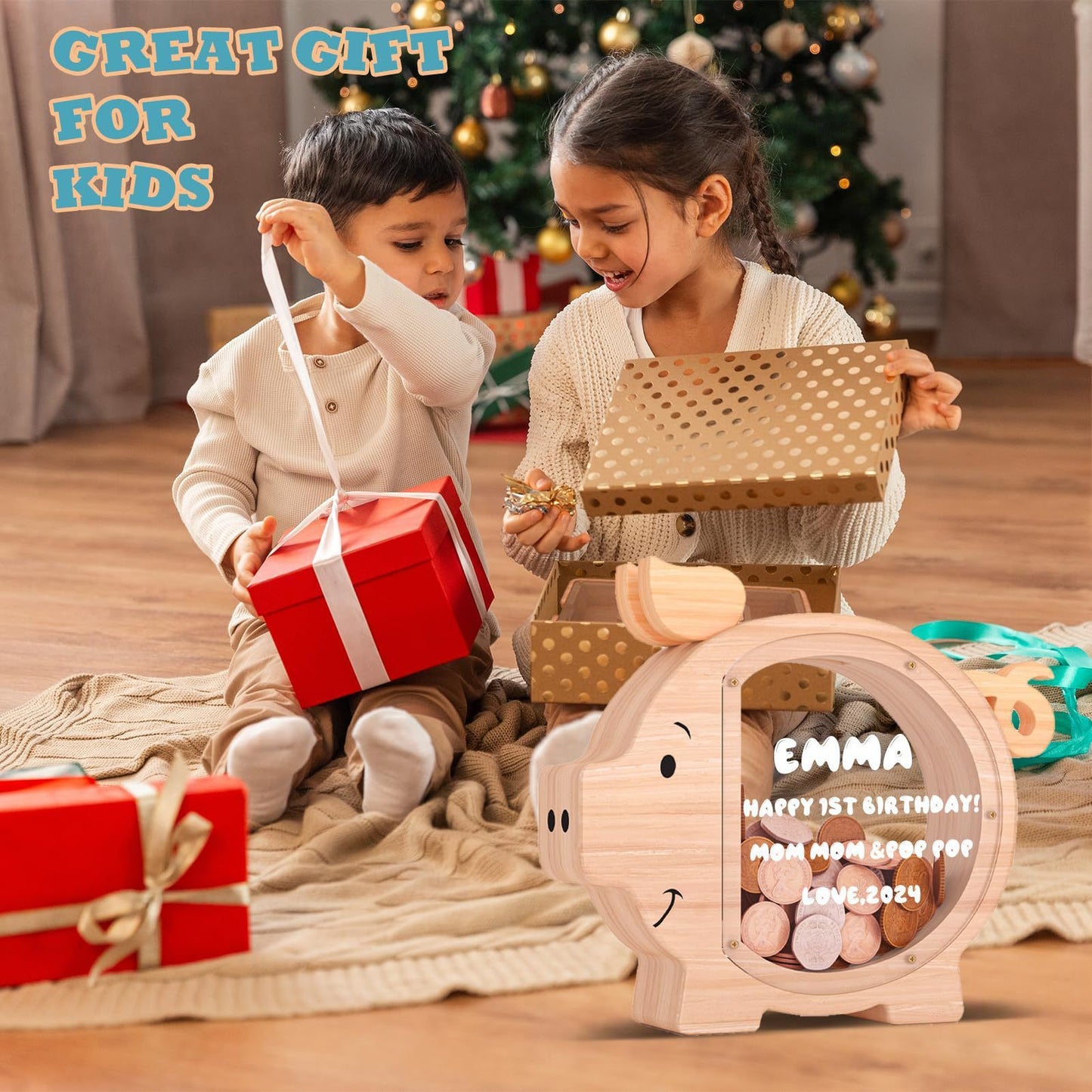 Wooden Piggy Bank for Kids Cute Money Bank for Boys and Girls Clear Wood Money Box Personalized Saving Money Jar, Creative Present for Children Birthday Chrismas & Decor (Naturl Wood, Standard)