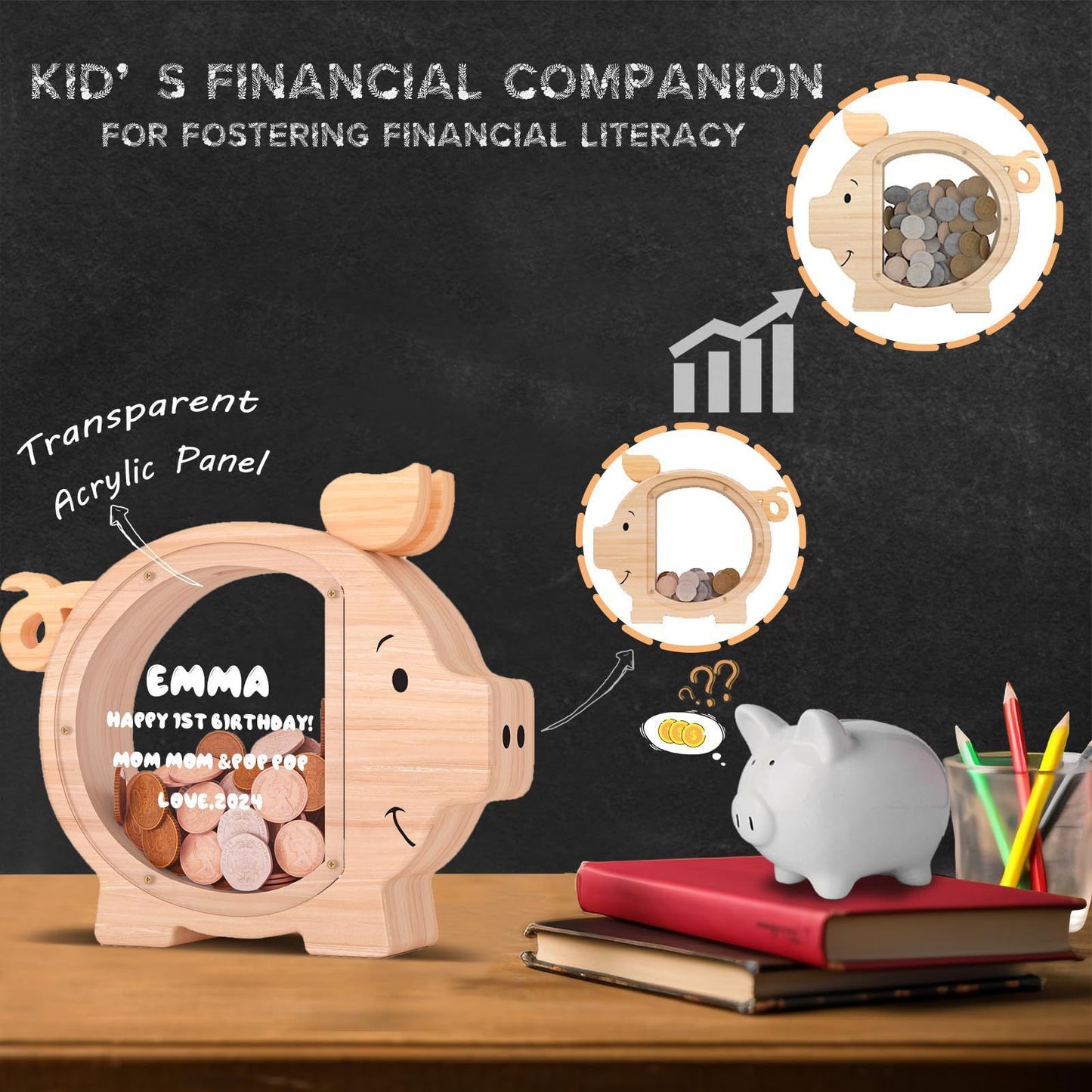 Wooden Piggy Bank for Kids Cute Money Bank for Boys and Girls Clear Wood Money Box Personalized Saving Money Jar, Creative Present for Children Birthday Chrismas & Decor (Naturl Wood, Standard)