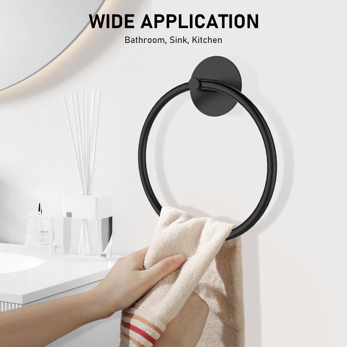 Modern Bathroom Hand Towel Ring, Bathroom Accessories Bath Towel Hanger for Kitchen,Matte Black（18*15.5cm)（The packaging includes three screws）
