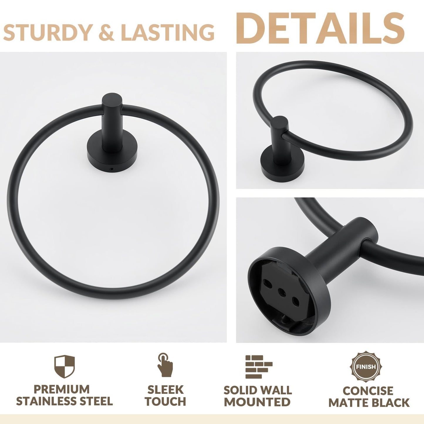Modern Bathroom Hand Towel Ring, Bathroom Accessories Bath Towel Hanger for Kitchen,Matte Black（18*15.5cm)（The packaging includes three screws）