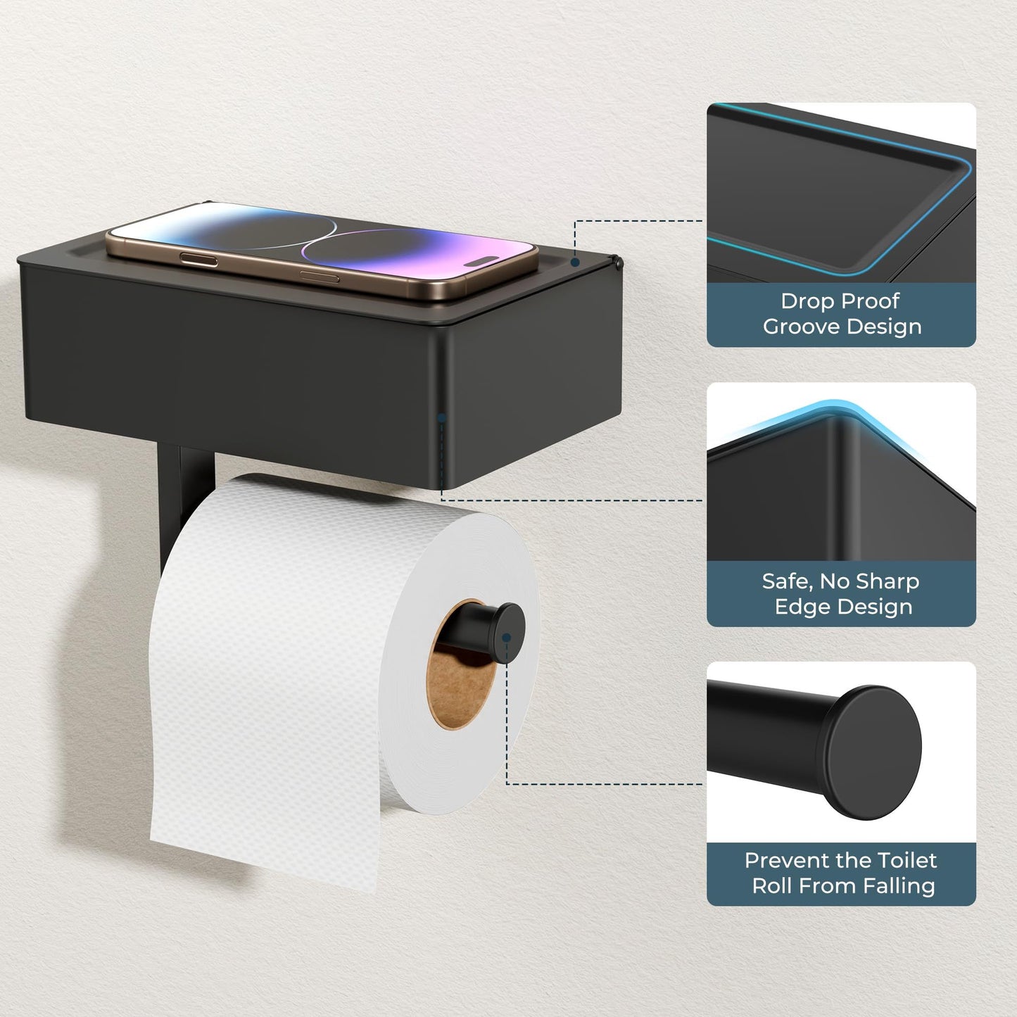 Matte Black Toilet Paper Holder with Shelf, Wipe Holder for Bathroom Flushable Wipes Dispenser Toilet Paper and Wipes Holder Toilet Paper Holder with Storage（20.5*13*15.5cm)