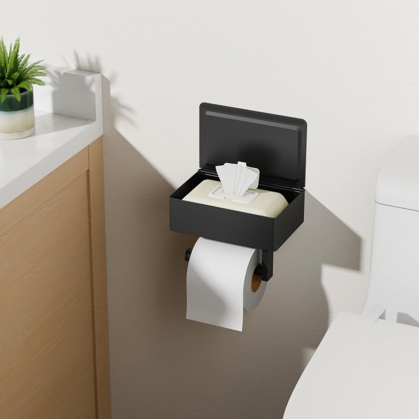 Matte Black Toilet Paper Holder with Shelf, Wipe Holder for Bathroom Flushable Wipes Dispenser Toilet Paper and Wipes Holder Toilet Paper Holder with Storage（20.5*13*15.5cm)