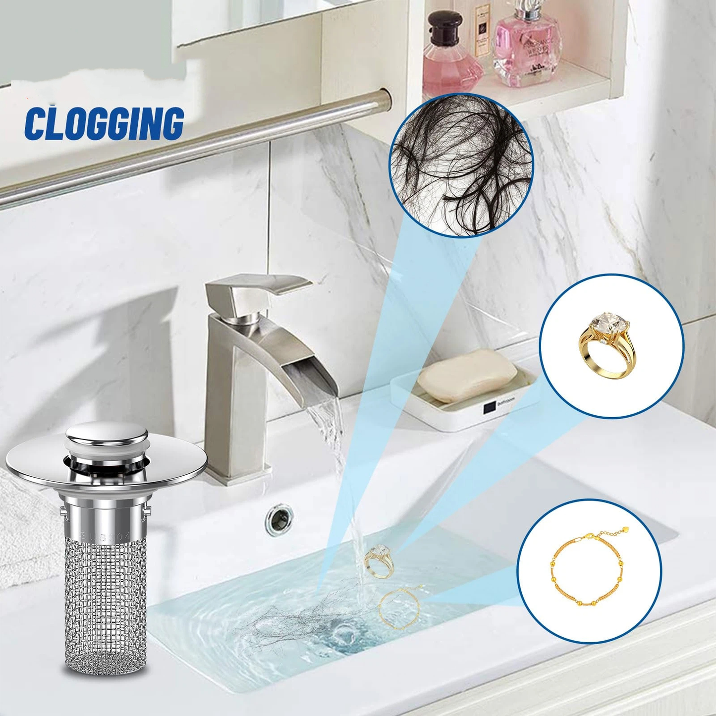 2PCS Bathroom Sink Stopper Strainer, Pop-Up Bathroom Sink Drain Strainer with Removable Stainless Steel Hair Catcher Basket, Universal Fit for US Bathroom Sinks, Bathtubs, Showers & Floor Drains（8*5.5*3.3cm)