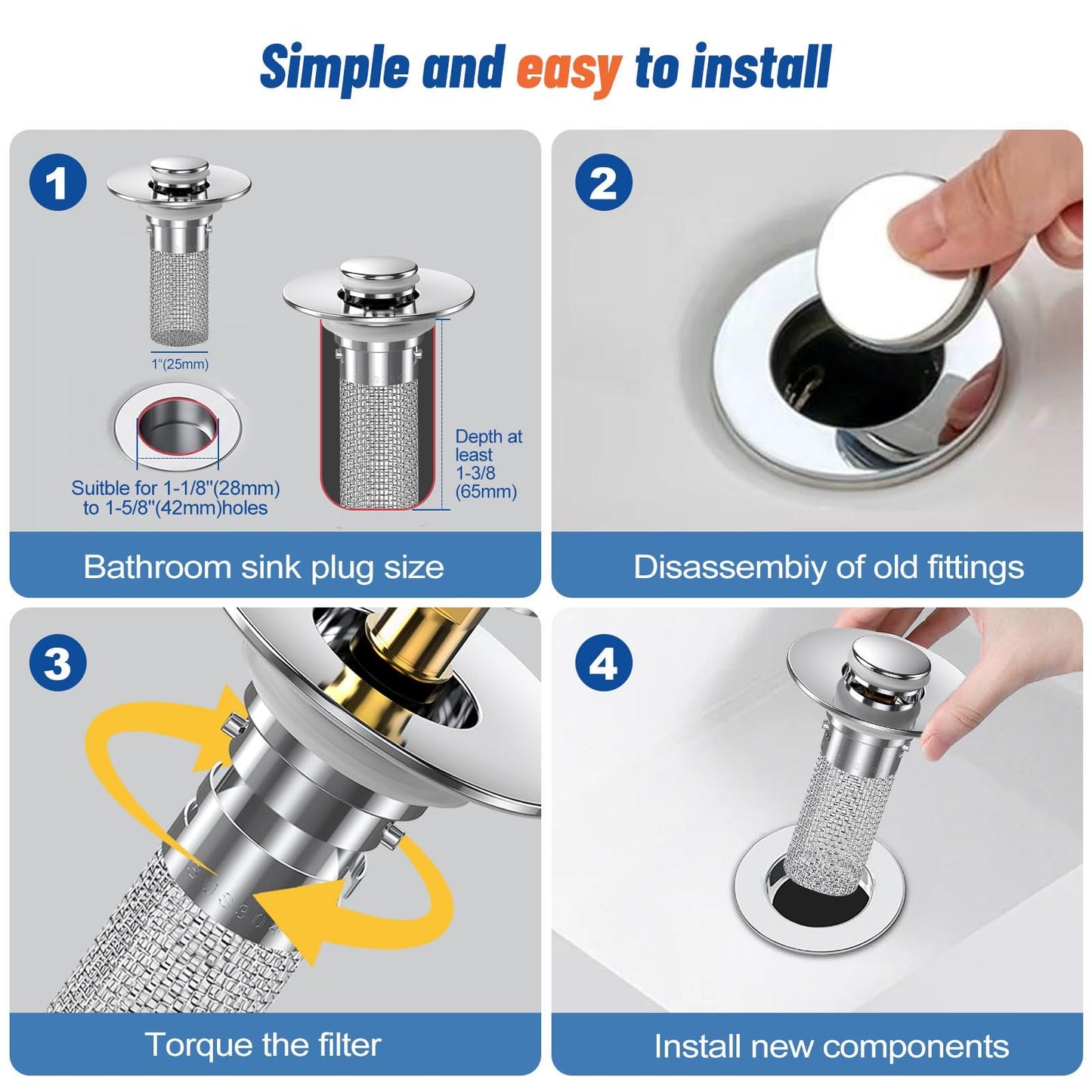 2PCS Bathroom Sink Stopper Strainer, Pop-Up Bathroom Sink Drain Strainer with Removable Stainless Steel Hair Catcher Basket, Universal Fit for US Bathroom Sinks, Bathtubs, Showers & Floor Drains（8*5.5*3.3cm)