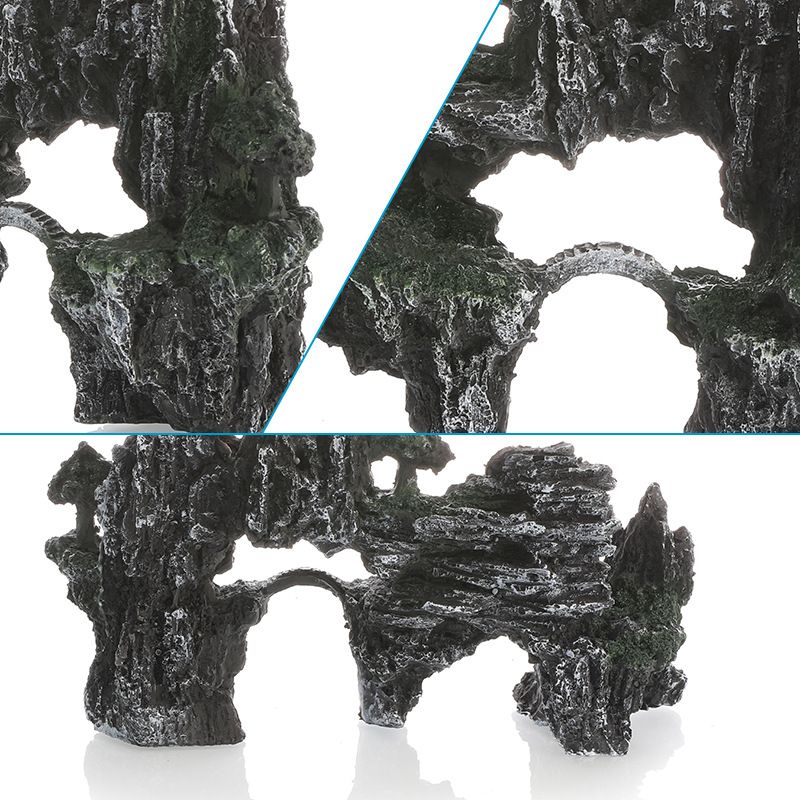 Large Fish Tank Decorations, Mountain View Aquarium Ornament with Tree House Cave Bridge Artificial Plastic Plants Aquarium Decorations