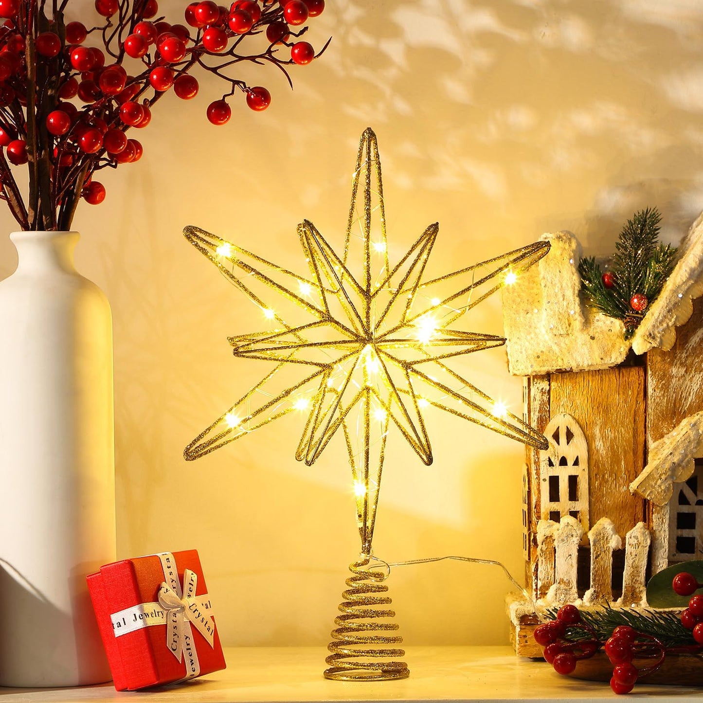 Large Christmas Star Tree Topper ,12.5 Inch Star Tree Topper Glitter Sparkle Xmas Treetop Ornament for Home Holiday Party Decorations(Gold)