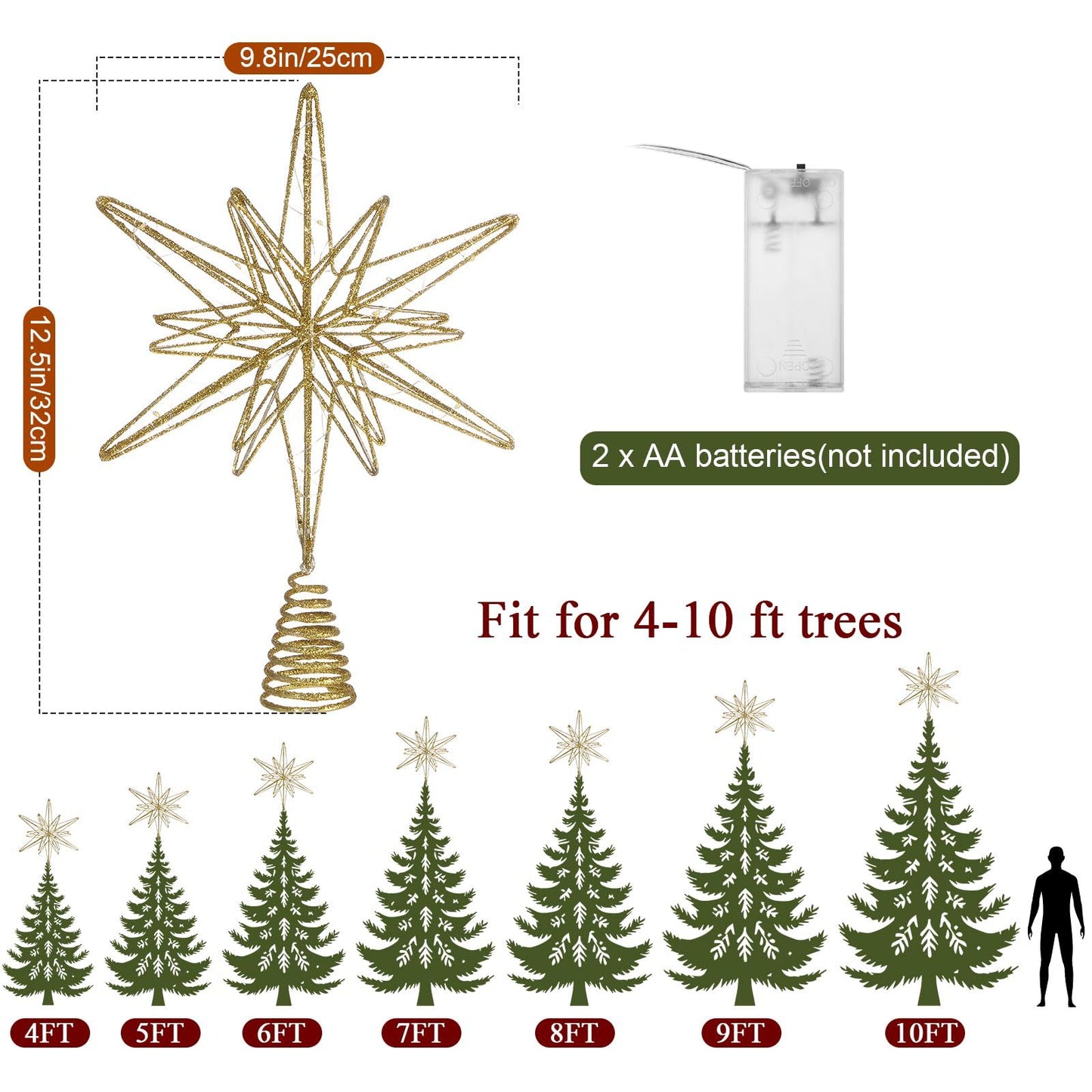 Large Christmas Star Tree Topper ,12.5 Inch Star Tree Topper Glitter Sparkle Xmas Treetop Ornament for Home Holiday Party Decorations(Gold)