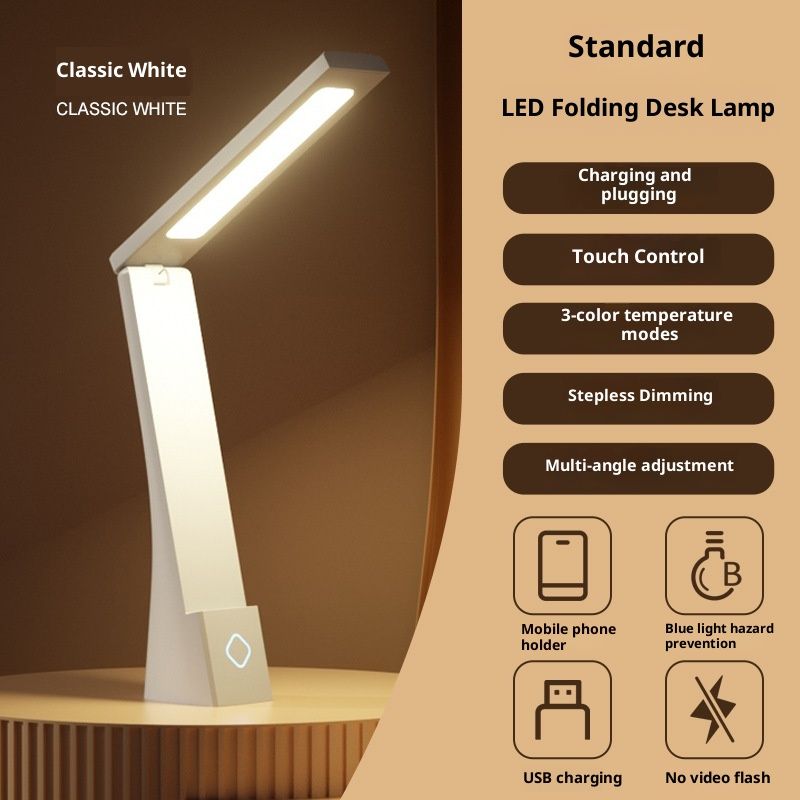 Powered Rechargeable Battery LED Desk Lamp, 3 Color Temperatures, Flip Open,Adjustable Angle, Phone Stand & Flicker-Free Eye Comfort, White