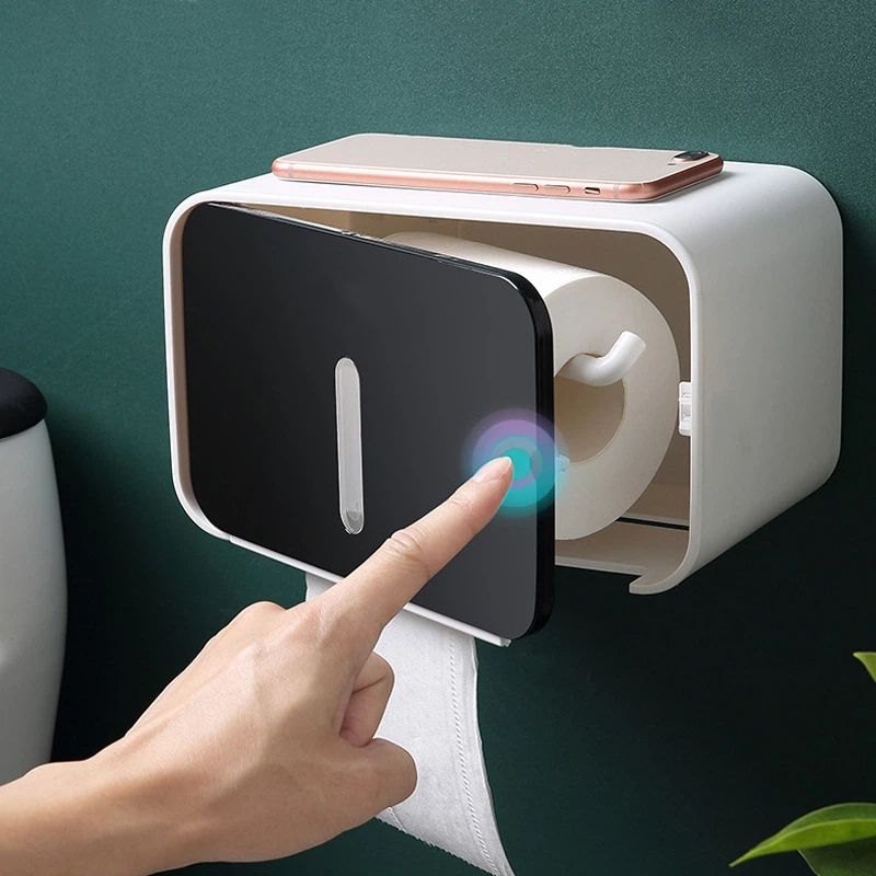 Outdoor Waterproof Toilet Paper Holder for Bathroom - Pet Proof Plastic Tissue Holder Dispenser Full Cover Adhesive Mounted, Toilet Paper Roll（black 21*13.5*13.5cm）