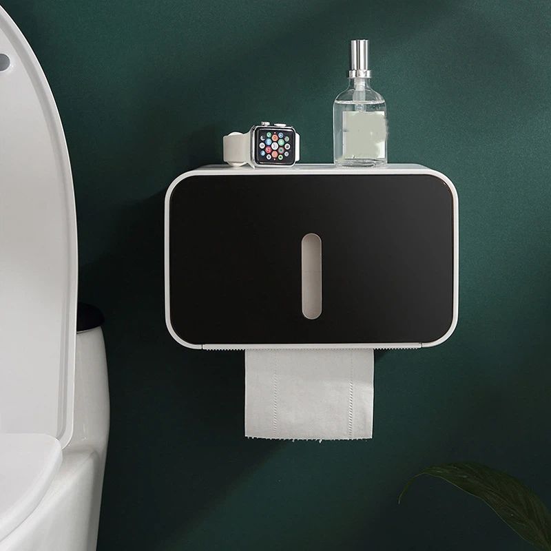 Outdoor Waterproof Toilet Paper Holder for Bathroom - Pet Proof Plastic Tissue Holder Dispenser Full Cover Adhesive Mounted, Toilet Paper Roll（black 21*13.5*13.5cm）