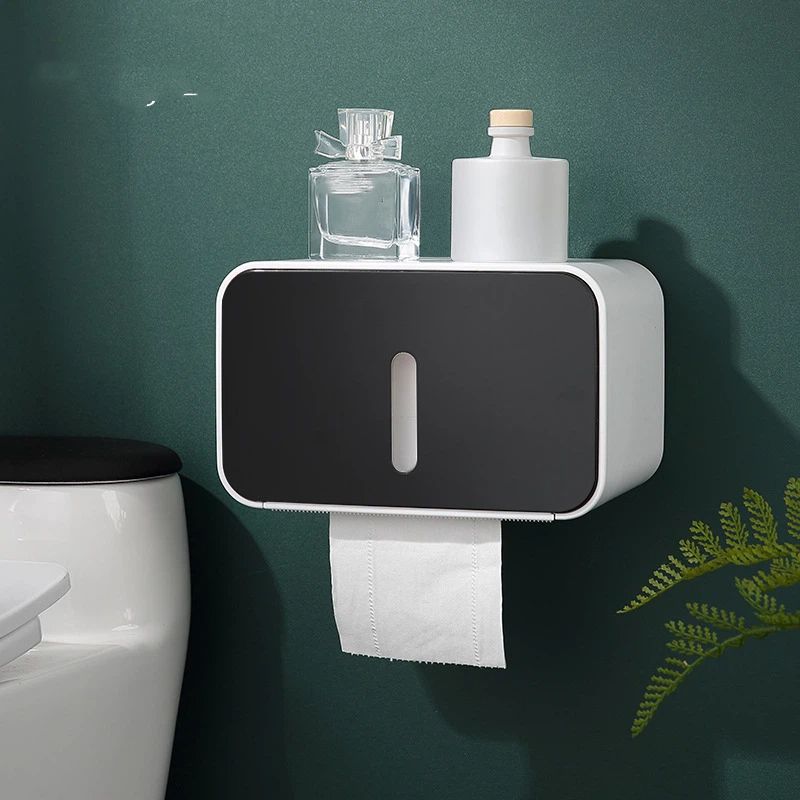 Outdoor Waterproof Toilet Paper Holder for Bathroom - Pet Proof Plastic Tissue Holder Dispenser Full Cover Adhesive Mounted, Toilet Paper Roll（black 21*13.5*13.5cm）