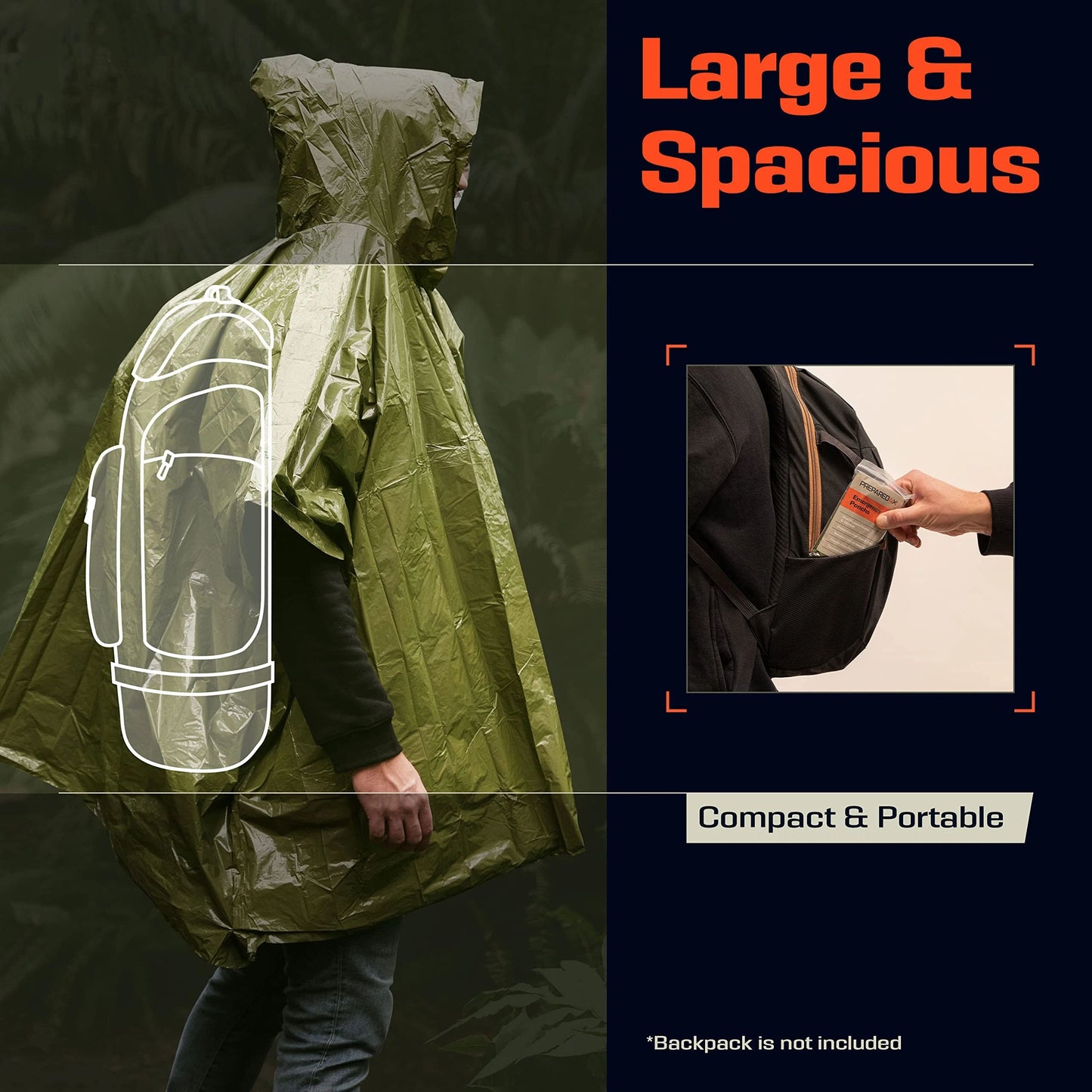 4pcs Emergency Poncho and Mylar Blanket Liner - Waterproof, Wind-Resistant Outdoor Rain Poncho for Camping, Emergencies,Expand size 100 * 130cm(military green）