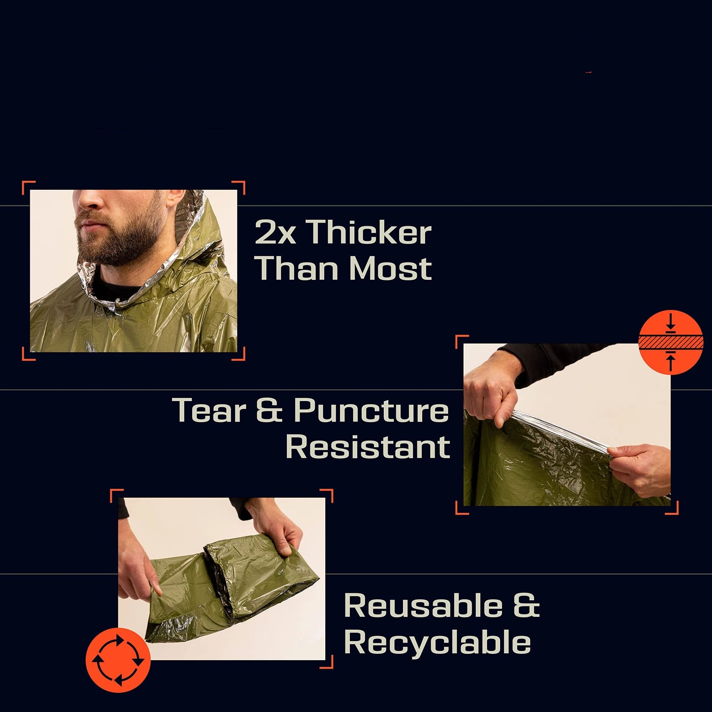 4pcs Emergency Poncho and Mylar Blanket Liner - Waterproof, Wind-Resistant Outdoor Rain Poncho for Camping, Emergencies,Expand size 100 * 130cm(military green）