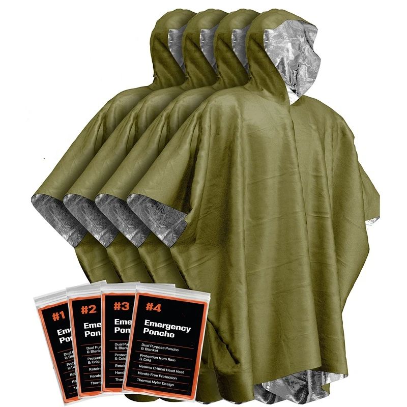 4pcs Emergency Poncho and Mylar Blanket Liner - Waterproof, Wind-Resistant Outdoor Rain Poncho for Camping, Emergencies,Expand size 100 * 130cm(military green）
