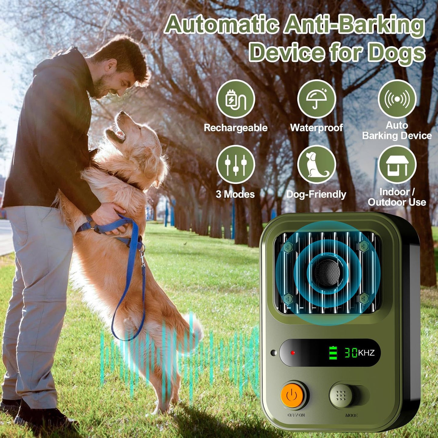 Anti Barking Device for Dogs, Rechargeable Ultrasonic Dog Control Devices Up to 50 Ft Range with 3 Modes,Silencer Sonic Barking Deterrent Indoor/Outdoor Safe for Dog & People green