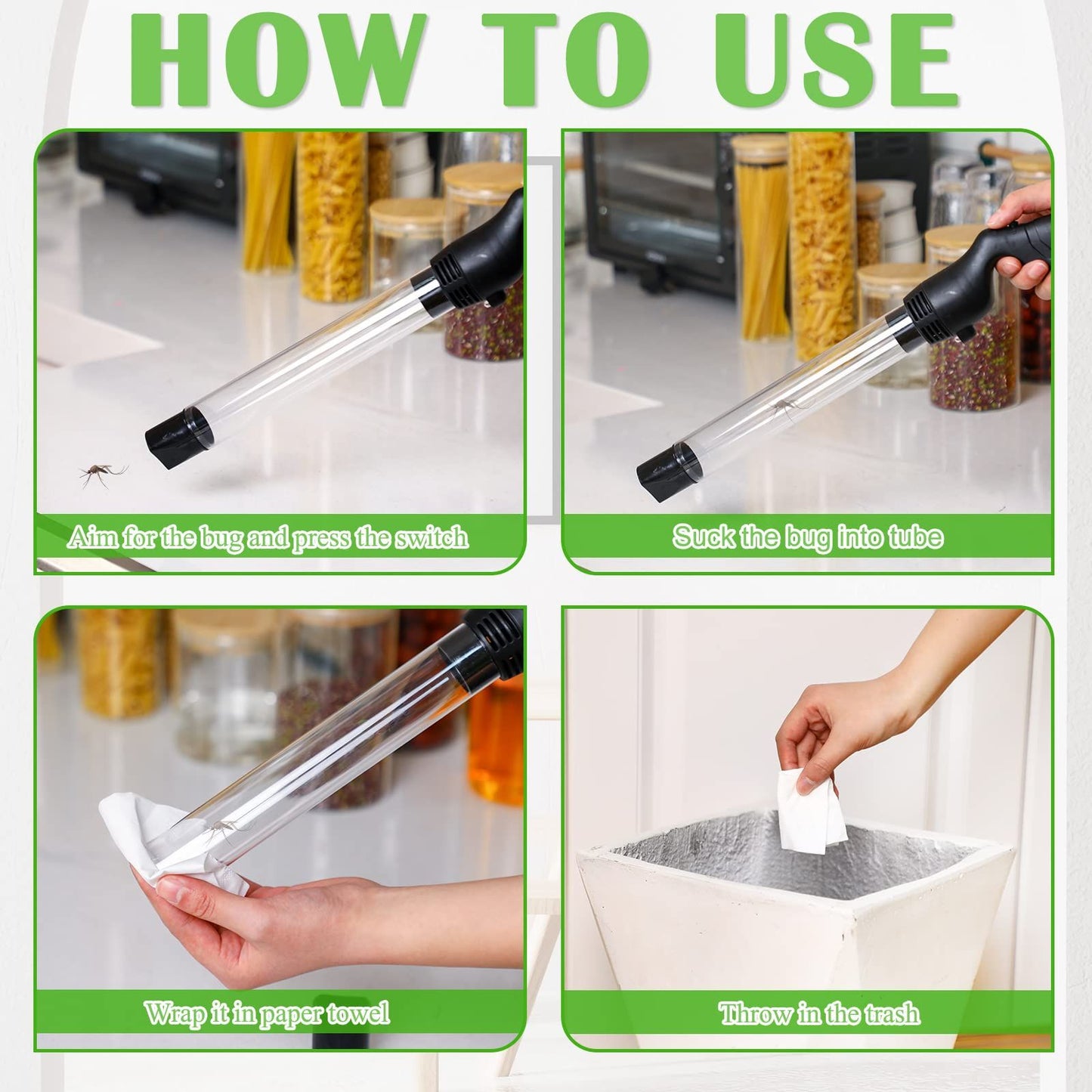 Bug Vacuum Catcher for Adults and Kids with Long Nozzle, Battery Powered Sucker Tool for Spider Cockroach Stink Bug, Humane Insect Vacuum Catcher with LED