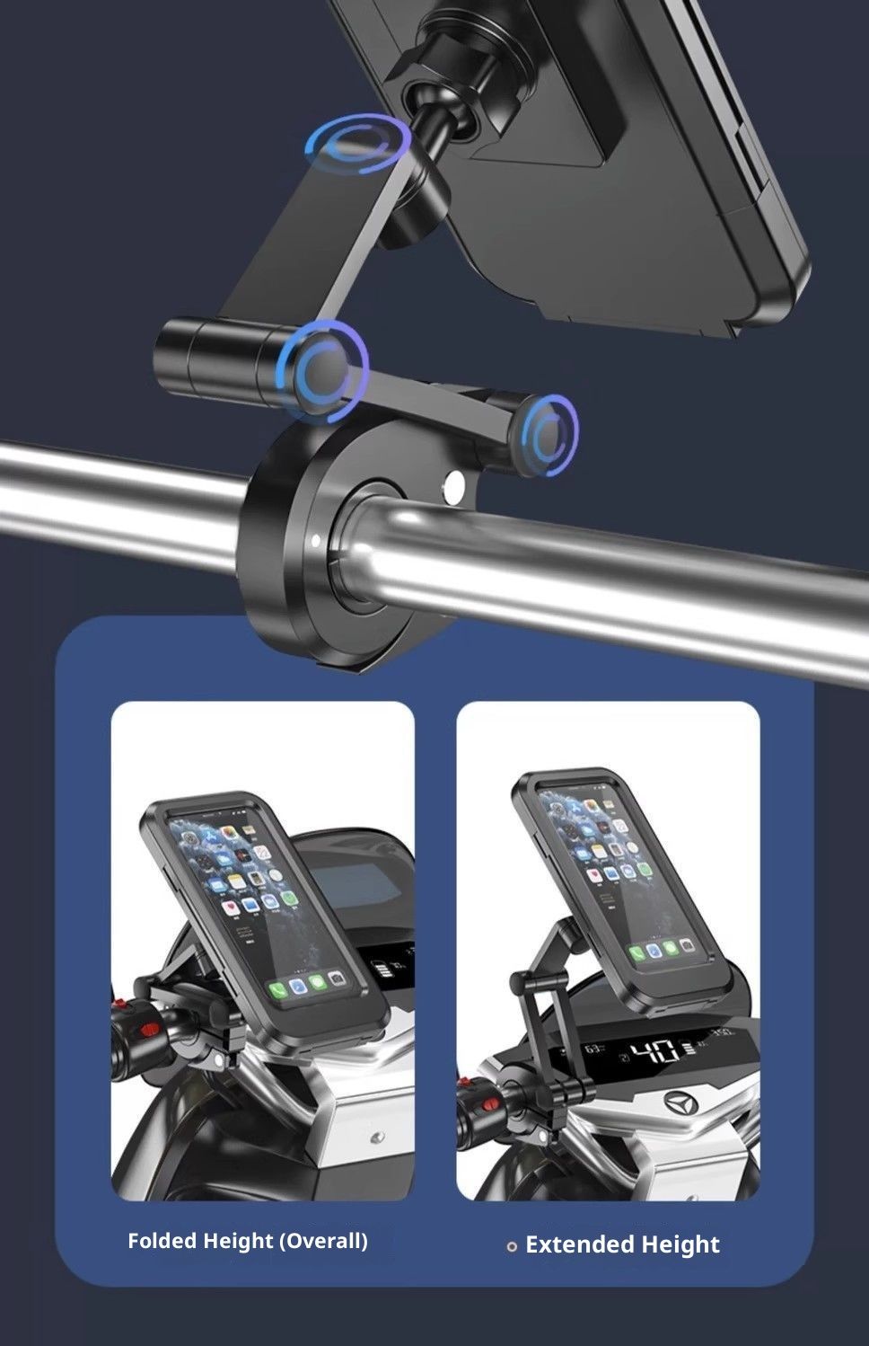Phone Mount with Waterproof Protector, 360 Degree Adjustable Holder, Compatible with 7inch Roll Bar， Cell Phone