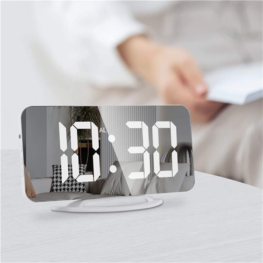 Digital Alarm Clock,6" Large LED Display Charger Ports | Auto Dimmer Mode | Easy Snooze Function, Modern Mirror Desk Wall Clock for Bedroom Home Office for All People (White)
