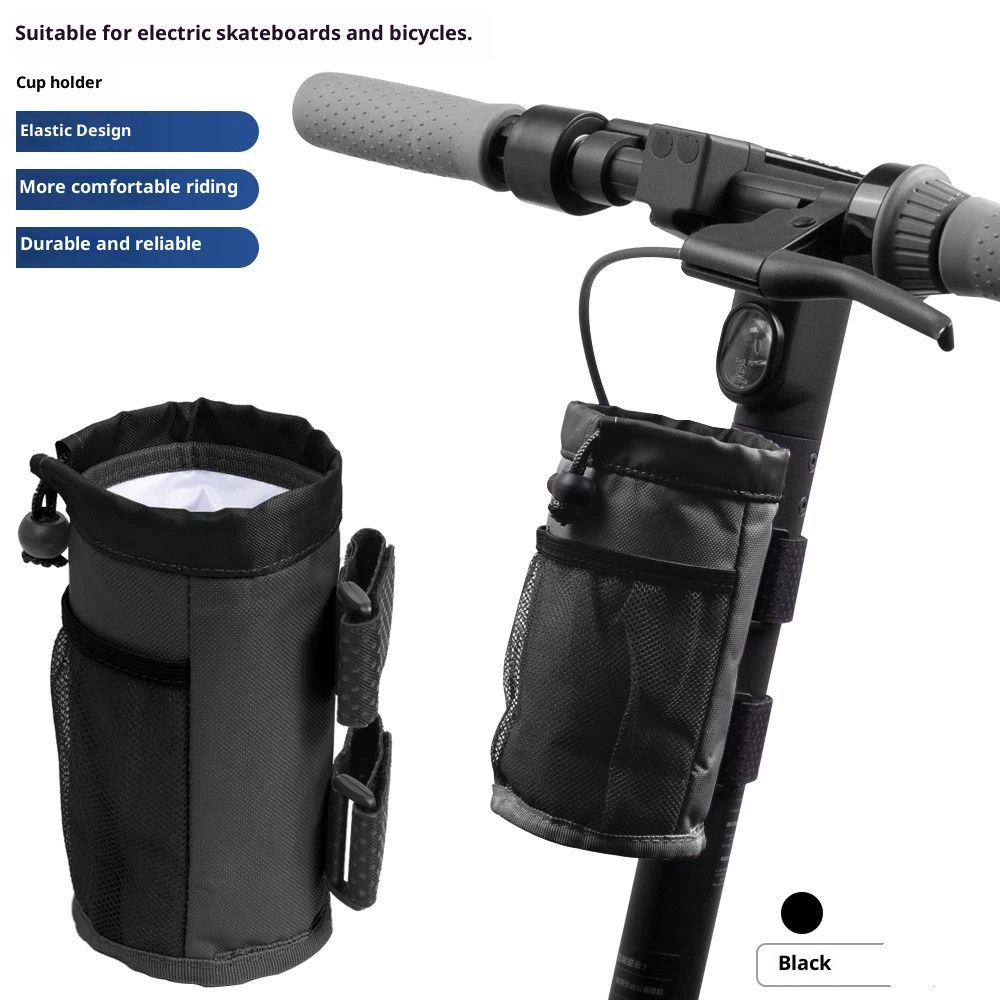 Cup Holder, Bike Water Bottle Holder for E Scooters & E-Bikes - Adaptable, No-Screw Installation, Mesh Pockets, Sticky Straps - Fits Cups Diameter Less Than 3.74in/9.5cm - Black