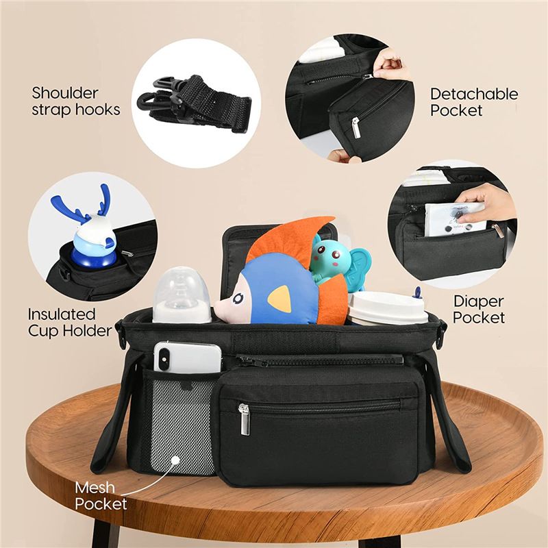 Universal Stroller Organizer with Insulated Cup Holder, Detachable Phone Bag, Shoulder Strap – Fits All Stroller Types, Keeps Drinks Hot/Cold (Black)