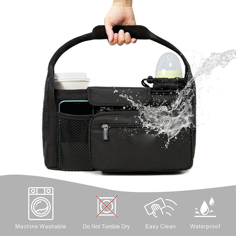 Universal Stroller Organizer with Insulated Cup Holder, Detachable Phone Bag, Shoulder Strap – Fits All Stroller Types, Keeps Drinks Hot/Cold (Black)